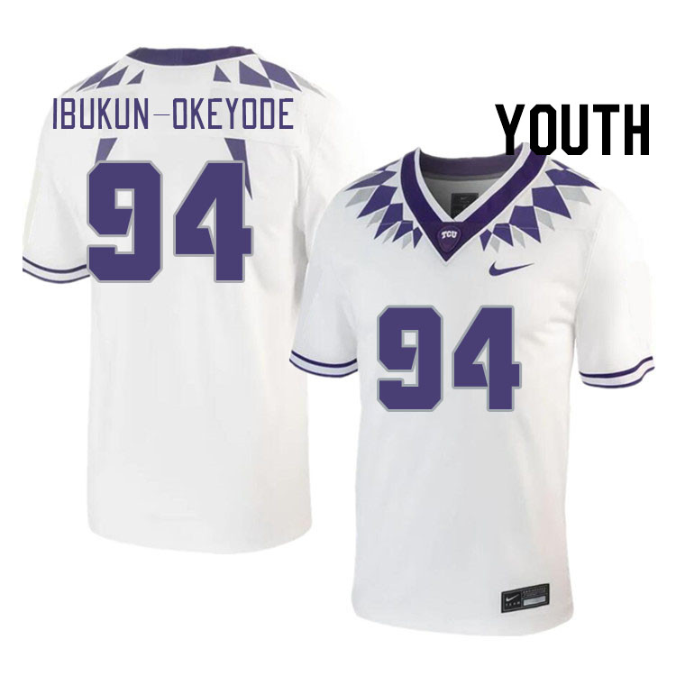 Youth #94 Micheal Ibukun-Okeyode TCU Horned Frogs 2023 College Footbal Jerseys Stitched-White - Click Image to Close